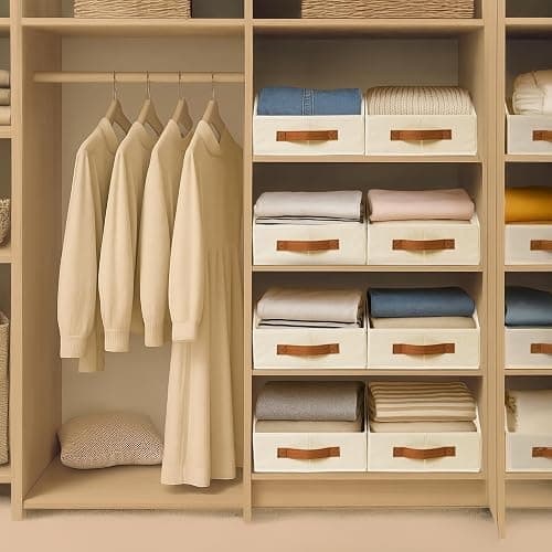Homsorout Fabric Storage Bins for Organizing - 6 Pack Large Trapezoid Collapsible Storage Bins with Front Handle, Closet Organizers and Storage for Bedroom, Home Shelves, Small Spaces, Beige thumbnail 2