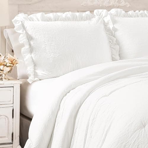 Lush Decor Reyna Ruffle Comforter Set - 3 Piece Full/Queen Size Ruffle Comforter Set - Elegance for Bedroom - Full/Queen, Pure White thumbnail 2