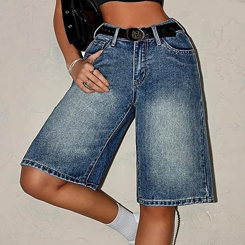 Bermuda Shorts for Girls Stretchy High Waisted Denim Shorts Baggy Y2k Knee Length Casual Long Summer Shorts 12-16Years thumbnail 3