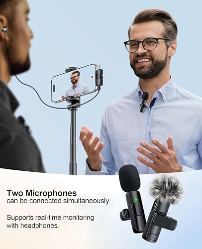 MENERESAS 3-in-1 Mini Microphone for iPhone: Wireless Lavalier Microphones for iOS/Android Devices/Camera - Noise Reduction Lapel Mic - Clip on Mic for Video Recording Vlog/YouTube/Interview - deep black thumbnail 4