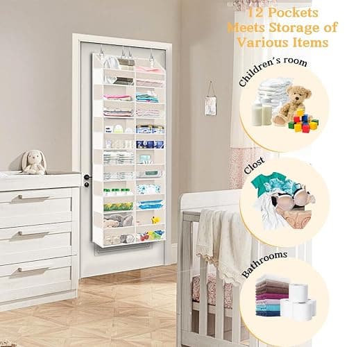 Ofiray-home Over the Door Organizer 6 Tiers, Extra Large Behind Door Storage of 12 Compartments,80 lbs Weight Capacity Hanging Storage Organizer with Clear Window Kids Toys, Shoes, Diapers,Beige thumbnail 6