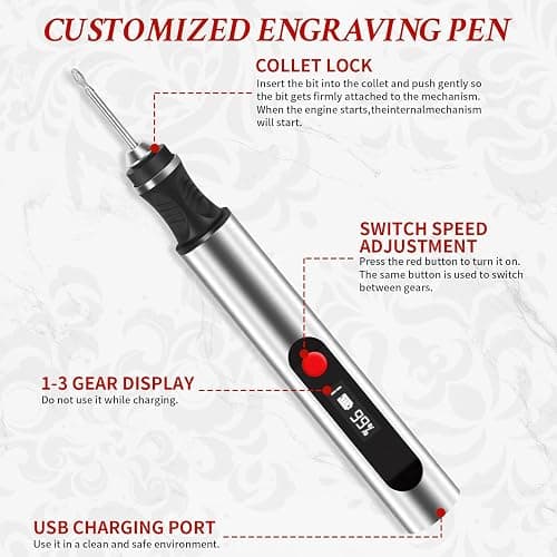 Kaibced Engraving Pen, Ultimate Cordless Engraving Pen for Artists & DIYers - Engrave 60+ Surfaces - Beginner Friendly- 30 Bits & Mastery Guide (Grey) thumbnail 3