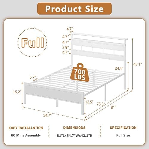 Furnulem Full Size Bed Frame with LED Light and Charging Station, Wood Storage Headboard with 2-Tier Shelves, Metal Platform Bed with Heavy Duty Slats Support, No Box Spring Needed, White thumbnail 2