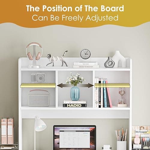 SUPER DEAL Desktop Bookshelf, Countertop Storage Hutch with 4 Shelves for Computer Desk, 2-Tier Display Rack, Multipurpose Wood Desk Hutch Storage Organizer for Home Office Dorm, White thumbnail 4