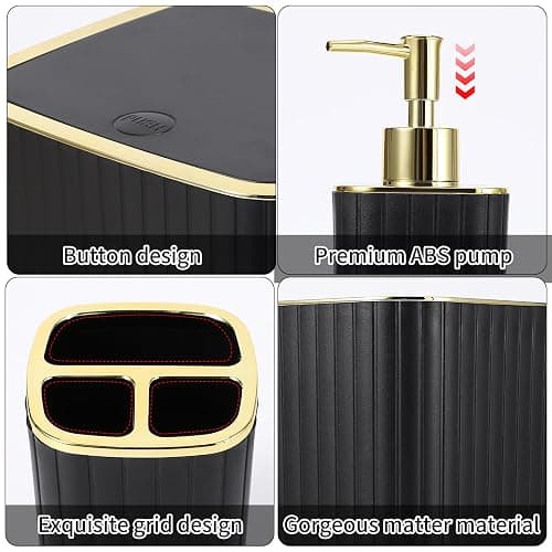 XLHOMO Bathroom Accessories Set - Gorgeous Bathroom Set, 10PC Bathroom Accessory Set, Toilet Brush, Trash Can, Qtip Holder Dispenser & Soap Dispenser - Black&Golden - Bath Set thumbnail 5