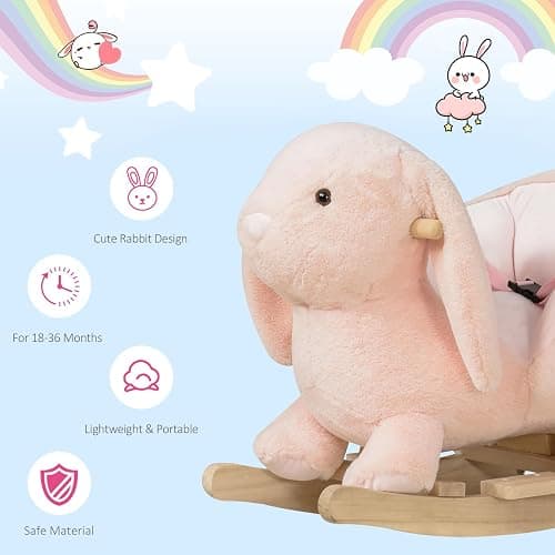 Qaba Baby Rocking Horse, Plush Rabbit Animal Rocker with Simulated Sound, Wooden Base, Seat Belt, Stuffed Rocking Chair for Toddler 18-36 Months, Pink thumbnail 6