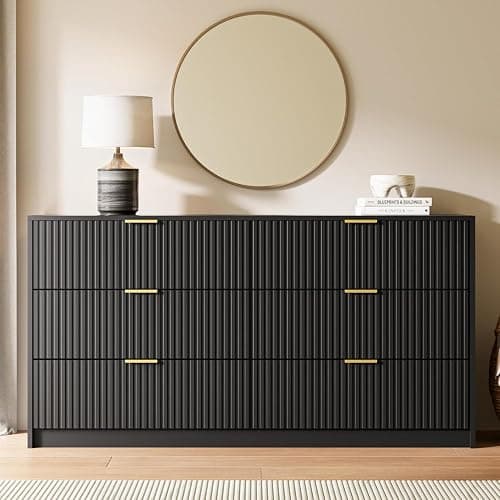 MAISONARIA Black 6 Drawer Dresser for Bedroom, 55" Wide Modern Chest of Drawers with Gold Metal Handles, Fluted Wood TV Stand for Living Room, Hallway thumbnail 6