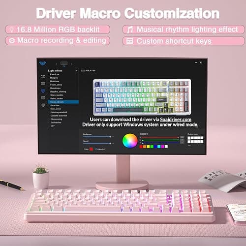 AULA F99 Wireless Mechanical Keyboard-Silent Version,Tri-Mode(BT5.0/2.4GHz/USB-C),Gasket Structure,Hot Swappable Mechanical Keyboard with Pre-lubed Linear Switches,RGB Backlit PC Gaming Keyboards,Pink thumbnail 7