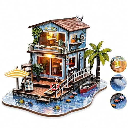 3D Wooden Puzzles for Adults, Seaside Cabin DIY Miniature House Kit with LED Light, Creative Booknook Kit, Ocean Theme Dollhouse Model Building Kit(244 pcs) - Image 1