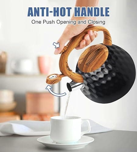 Foedo 3.2Qt Stainless Steel Whistling Tea Kettle Stovetop, Black | Loud Whistling Spout, Cool Touch Wood Grain Handle, Rustproof Food Grade Steel, Compatible With All Stovetops thumbnail 6