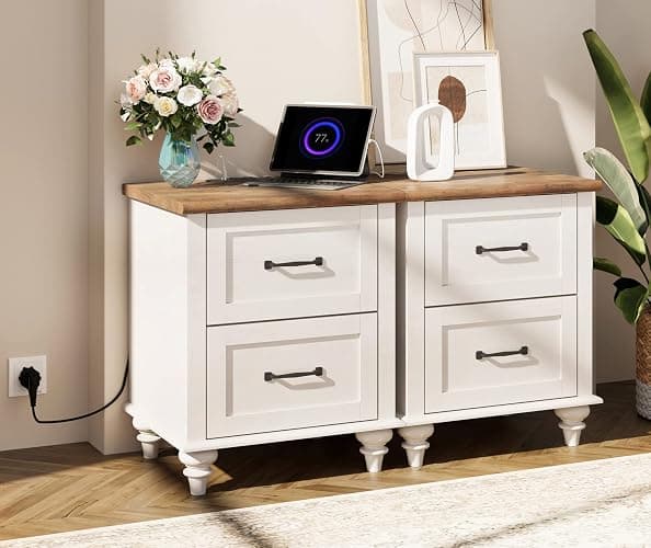 WAMPAT 2 Pack Nightstands with Charging Station, Set of 2 End Table with 2 Power Outlets & 2 USB Ports for Living Room, Antique Side Table with 2 Drawers for Bedroom, Off White thumbnail 3