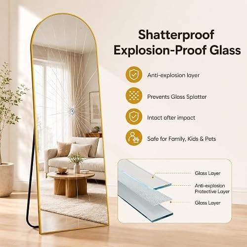 Antok Full Length Mirror, 58"x18" Floor Mirror with Stand, Gold, Arched | Shatter-Proof Glass, Floor Standing, Hanging, Leaning, HD Full Body Mirror with Aluminum Alloy Frame for Bedroom Livingroom thumbnail 5