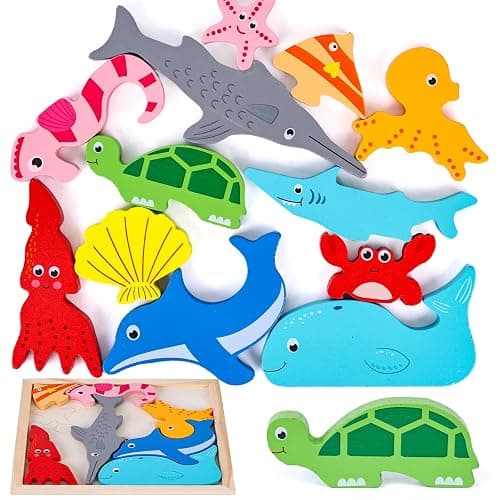 LovesTown Wooden Stacking Puzzle, 12PCS, Sea Animal | for Toddler, Preschool Learning, Montessori Toy, Develops Balance, Focus & Fine Motor Skills, Screenless Play - Image 1