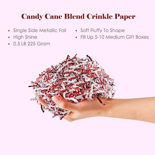 UNIQOOO 1/2 LB Metallic Red White Crinkle Cut Paper, Candy Cane Shredded Filler, Christmas Peppermint Zig Fill Raffia Tissue, Strands Shred Craft Bedding Cushion,Wedding Birthday Gift Boxes Bag Retail thumbnail 5