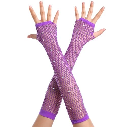 OTPEH Women Fishnet Rhinestone Gloves Fingerless Fish Net Arm Sleeve Warmers 80s Emo Scene Accessories - Image 1