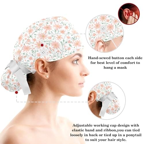 Scrub Caps Women with Button,Adjustable Surgical Caps with Ponytail Pouch,Working Cap with Bow Hair Scrunchy thumbnail 3