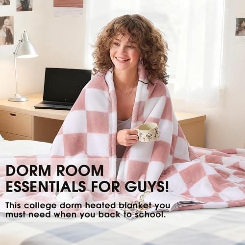 Light Pink Heated Blanket Electric Throw, 50X60 Heating Blanket with 10 Heat Levels & 8 Hours Auto Off for Lap, Checkered Plaid Soft Sherpa Blankets Warmer Gifts for Couch Grandma Women Adults thumbnail 3