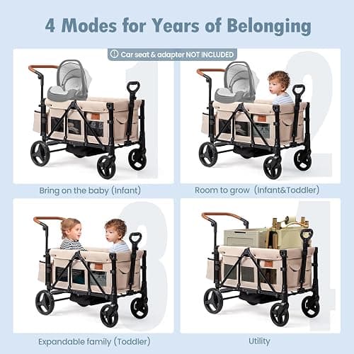 Stroller Wagon for 2 Kids with Footwell, Foldable All-Terrain Wagon Stroller with Adjustable Push/Pull Handle, Parent Organizer, 5-Point Harness, Ideal for Travel & Outdoor Adventures (Clasic Oat) thumbnail 4