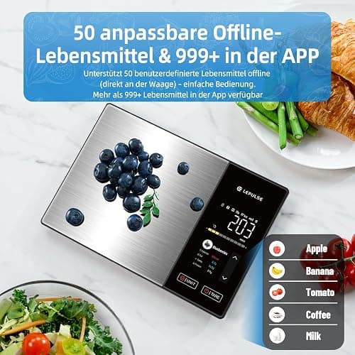 Digitale Küchenwaage mit Nährwertberechnung, Lebensmittelwaage mit 24 Nährwertanalyse, 5kg Edelstahl-Ernährungswaage, TFT Farbdisplay, 50 Offline & unbegrenzte Kalorienanalyse per App, Tara Funktion thumbnail 4
