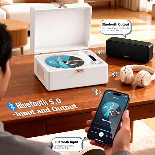 Retro CD Player with Bluetooth in&Out Portable Music Player for Relaxing Anywhere,Auto Power Off,USB,AUX,Headphone Jack,Vintage CD Player for Music Lovers,Birthday Gifts for Women/Men-White thumbnail 4