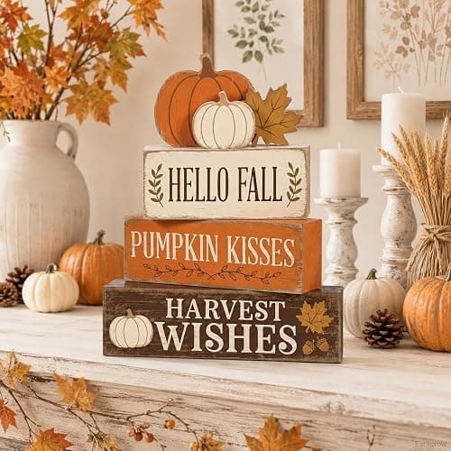 Hello Pumpkin Leaves Fall Decor, Fall Decorations for Home | 4 Pcs Pumpkin Fall Home Decor Farmhouse Autumn Thanksgiving Table Tiered Tray Decorations, Fall Party Centerpiece for Kitchen thumbnail 5