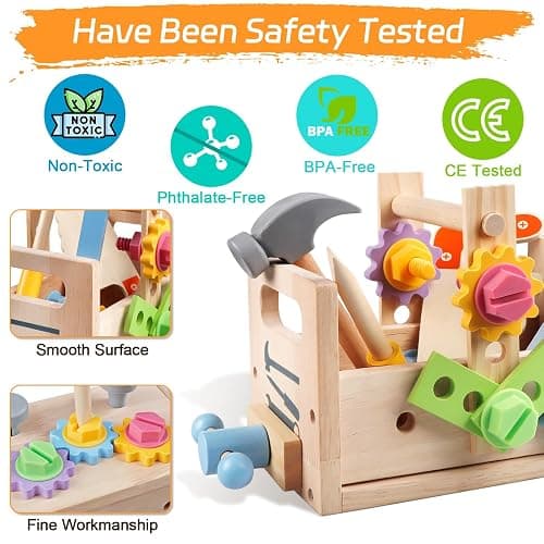 Aliex Wooden Kids Tool Set, 30pcs Toy Tools for Toddlers with Vest, Tool Kit Toddler Montessori Stem Learning Educational Toys for 3 4 5 Years Old Boys Girls, Birthday Gift for Kids thumbnail 2