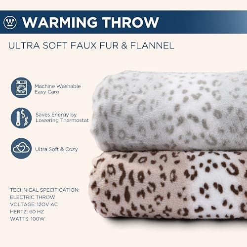 Westinghouse Heated Throw Blanket, 50"x60", Grey Leopard, ETL Certified | 6 Heating Levels, 2-10 Hours Auto-off, Overheat Protection, Luxury Faux Fur to Flannel, Machine Washable, Couch Bed Office thumbnail 9