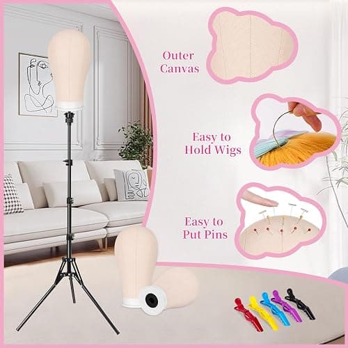 Pet Baby 63In Wig Stand Tripod with 22In Head, Canvas Wig Head Stand with Mannequin Head for Wigs Manikin Head Block Set for Wigs Making Display thumbnail 4