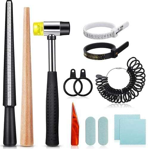 11 Pieces Us UK Ring Mandrel Set, Size 1-13 with Half Size Ring Sizer Gauge Jewelry Mandrel Jewelry Hammer Adjuster Polishing Cloth Polishing Stick Polished Agate Knife Measuring Tool(Black) - Image 1