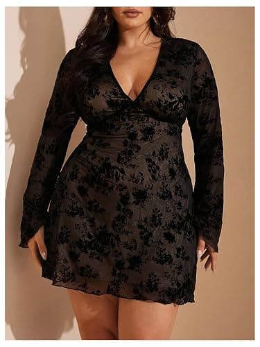 WDIRARA Women's Plus Size Floral Mini Dress Mesh Goth A Line Dresses | V Neck，Long Sleeve thumbnail 3