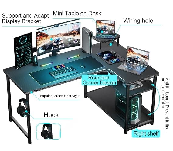 GTRACING L Shaped Gaming Desk, Carbon Fiber Style Computer Desk Compatible with Monitor Arm Storage Shelves Corner Desk Gaming Table for Home Office Desks Easy to Assemble Adjustable Shelf Height thumbnail 3