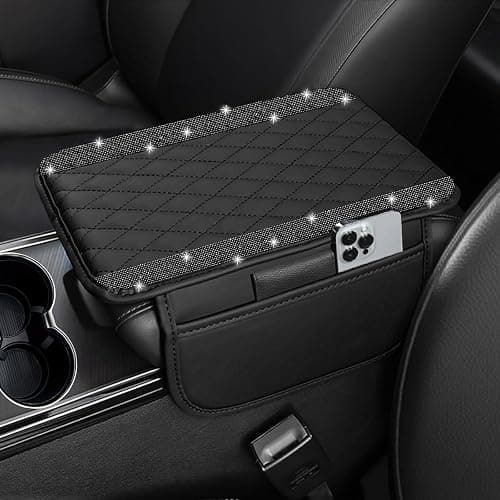NBTEPEM Bling Car Center Console Cover, Leather Car Arm Rest Cover Cushion with 2 Storage Bags, Universal Automotive Armrest Protector Storage Box, Bling Accessories Interior for Most Vehicles (Black) - Image 1
