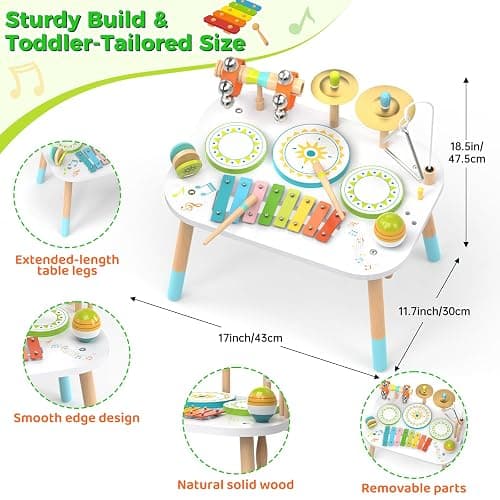 12-in-1 Drum Set for Toddlers 1-3,Baby Musical Instruments Table ,Wooden Montessori Toys with Xylophone,Bongo Drums,Cymbals,Maracas & Wrist Bells,Birthday Gift for 1 2 3 Year Old Boy Girls thumbnail 2