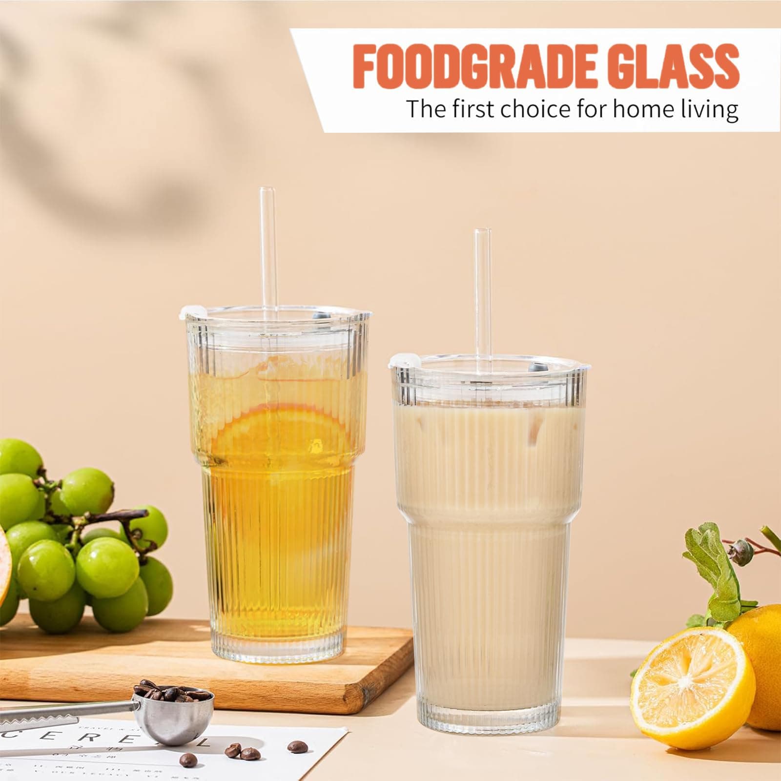 VITEVER 20oz Glass Tumblers with Lids and Straws, Set of 2 - Stylish Ribbed Design Drinking Glasses for Iced Coffee Cups, Juice, Smoothies, Cold Beverages, Includes Cleaning Brush, Durable Glassware thumbnail 5
