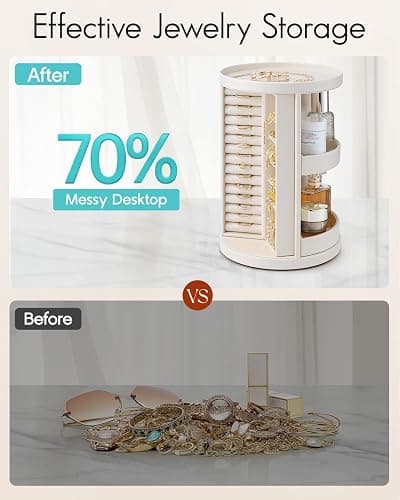 Vlando 360°Rotating Jewelry Box,Earring Organizer Large Vertical Jewelry Organizer with 6 Necklace Hooks, Open Ring Display Storage for Women - Cream White thumbnail 6
