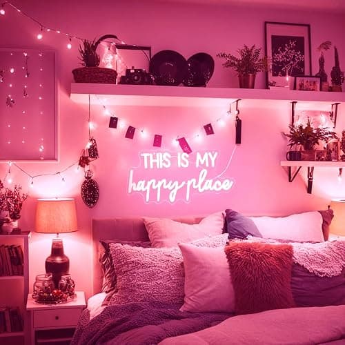 Neon Signs for Wall Decor - This Is My Happy Place Neon Signs for Teen Girls Bedroom Decor, Pink Led Neon Lights for Wall Decor, Nightstand Light, Dimmable Switch USB Power, Adhesive Hook Included - This is my happy place-pink thumbnail 2