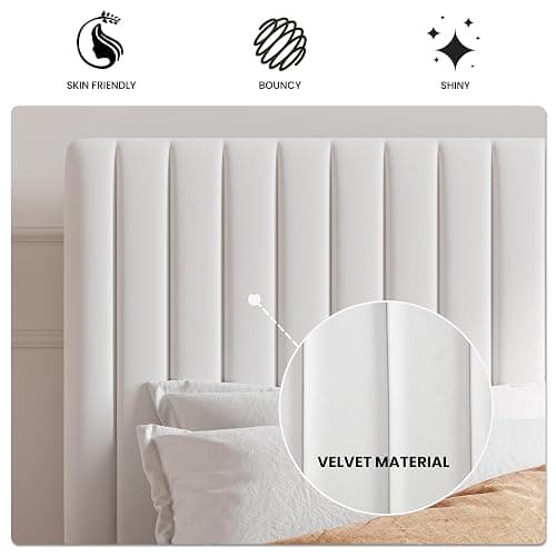 SHA CERLIN Queen Upholstered Platform Bed Frame with Vertical Channel Tufted Velvet Fabric Adjustable Headboard, Wooden Slats Support, Mattress Foundation, Box Spring Optional, White thumbnail 6