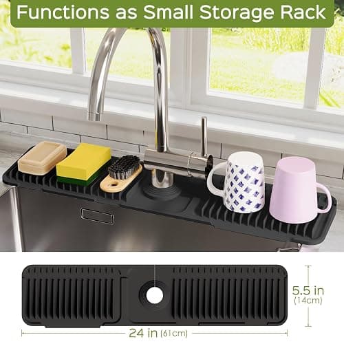 24 Inch Silicone Faucet Mat for Kitchen Sink Splash Guard – 2025 Upgraded Draining Mat with Water Tray Behind Faucet – Countertop Protectors to Catch Spills (Black, 24" x 5.5" ) thumbnail 4