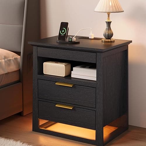 Rresyet Nightstand with Sensor LED Light and Charging Station, 24" Tall End Table with 3 Drawers, Modern Night Stand with Storage, Wooden Bedside Table for Bedroom. (Black) - Image 1