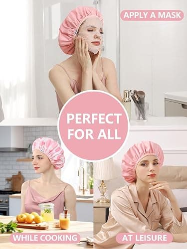 Years Calm Shower Caps For Women Reusable Waterproof，Pattern And Solid Color Dual-Layer Design For Dual-Layer Usable，Protects Hair In Shower, Spa, Cooking, Clean & Travel (Pink, One Size) thumbnail 7