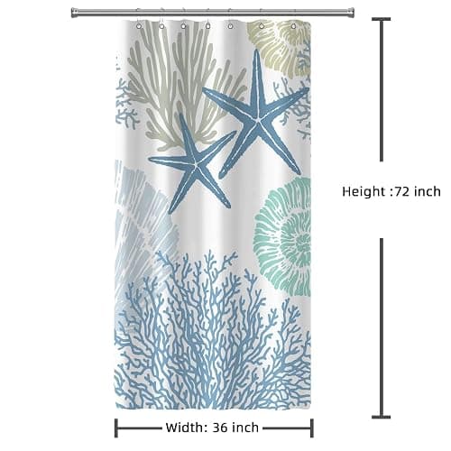 Tritard Small Stall Shower Curtain 36x72 Half Size - Nautical Coastal Waterproof Fabric Shower Curtains for Bathroom, Starfish Seashell Beach Themed RV Camper Narrow Bath Curtain with 7 Hooks, Blue thumbnail 2