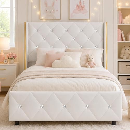 HOMBCK Twin Size Leather Bed Frame with Goldside Wingback Headboard, White | Modern Style, Bed Frame Twin with Velvet Upholstered Headboard, Diamond Tufted Design, No Box Spring Required, Easy Assembly - Image 1