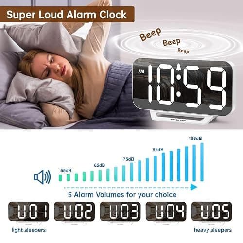 Peakeep Slim Digital Mirror Aesthetic Alarm Clock for Bedrooms Desk Decor, Plug in Electric Big LED Modern Small Clock for Office Living Room, Battery Backup, 6 Dimmers (White) thumbnail 5