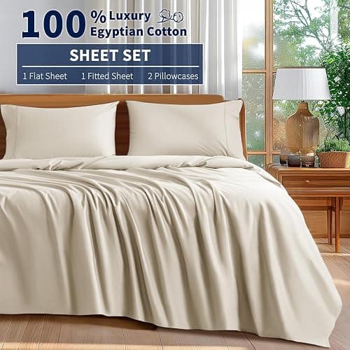 Shilucheng 100% Cotton Queen Size Sheets Set - 600 Thread Count，Luxury Egyptian Cotton Bed Sheets，5-Star Hotel Quality Sheets, Breathable & Cooling, 16 Inch Deep Pocket - 4 Piece (Cream, Queen) thumbnail 8
