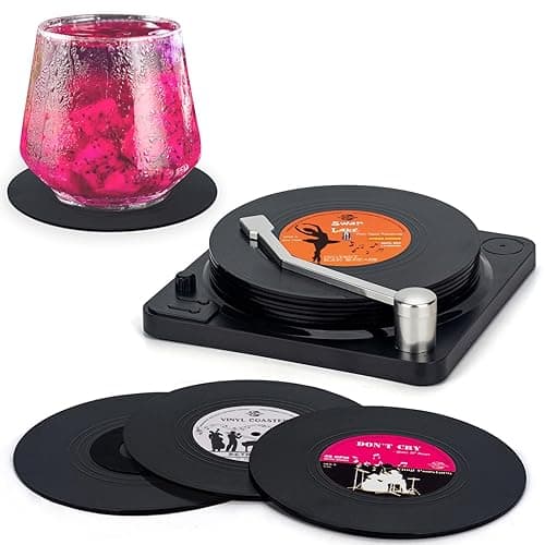 Valdivia Funny Retro Vinyl Record Coasters with Player, 6 Pcs Music Coasters for Drinks, Bars, Party, Birthday Gifts for Music Lovers, Home Decor Housewarming and White Elephant Gifts Ideas - Image 1