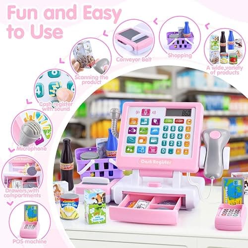 PLAY Kids Cash Register Toy - Pretend Play Calculator Register Toys with Microphone/Conveyors/Play Money/Scanner/Credit Card/Cans/Drink, 3+ Toddler Develops Early Math Skills Learning Toys thumbnail 4