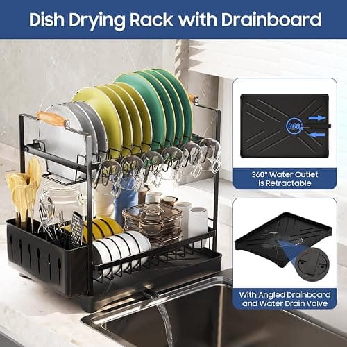 PXYHMUS 2-Tier Large Dish Drying Rack for Kitchen Counter with Drainboard and Cutlery Holder, 2 Tier Dish Drying Rack, Black,16.54" D x 11.81" W x 17.71" H thumbnail 4