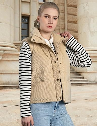 Aisongyuan Womens Corduroy Puffer Vest Stand Collar Zip Snap Button Sleeveless Warm Waistcoat Padded Gilet thumbnail 4