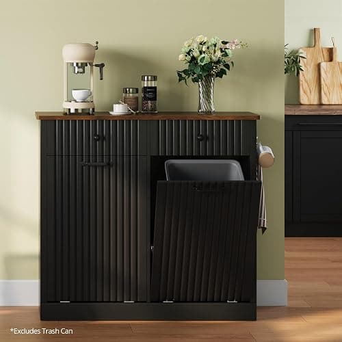 VKUCI Double Tilt Out Trash Can Cabinet, 20 Gallon Fluted Laundry Hamper Cabinet with 2 Drawers, Wooden Hidden Garbage Can Cabinets for Kitchen, Living Room, Without Trash Bin or Laundry Hamper,Black thumbnail 7