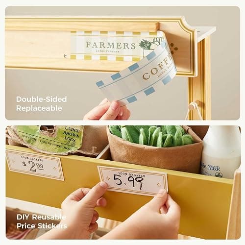 Tiny Land Wooden Play Store Pretend Grocery Store Role Play Toy | Pretend Farmers Market & Coffee Shop with Cash Register, DIY Price Tags, Chalkboard for Toddlers thumbnail 6
